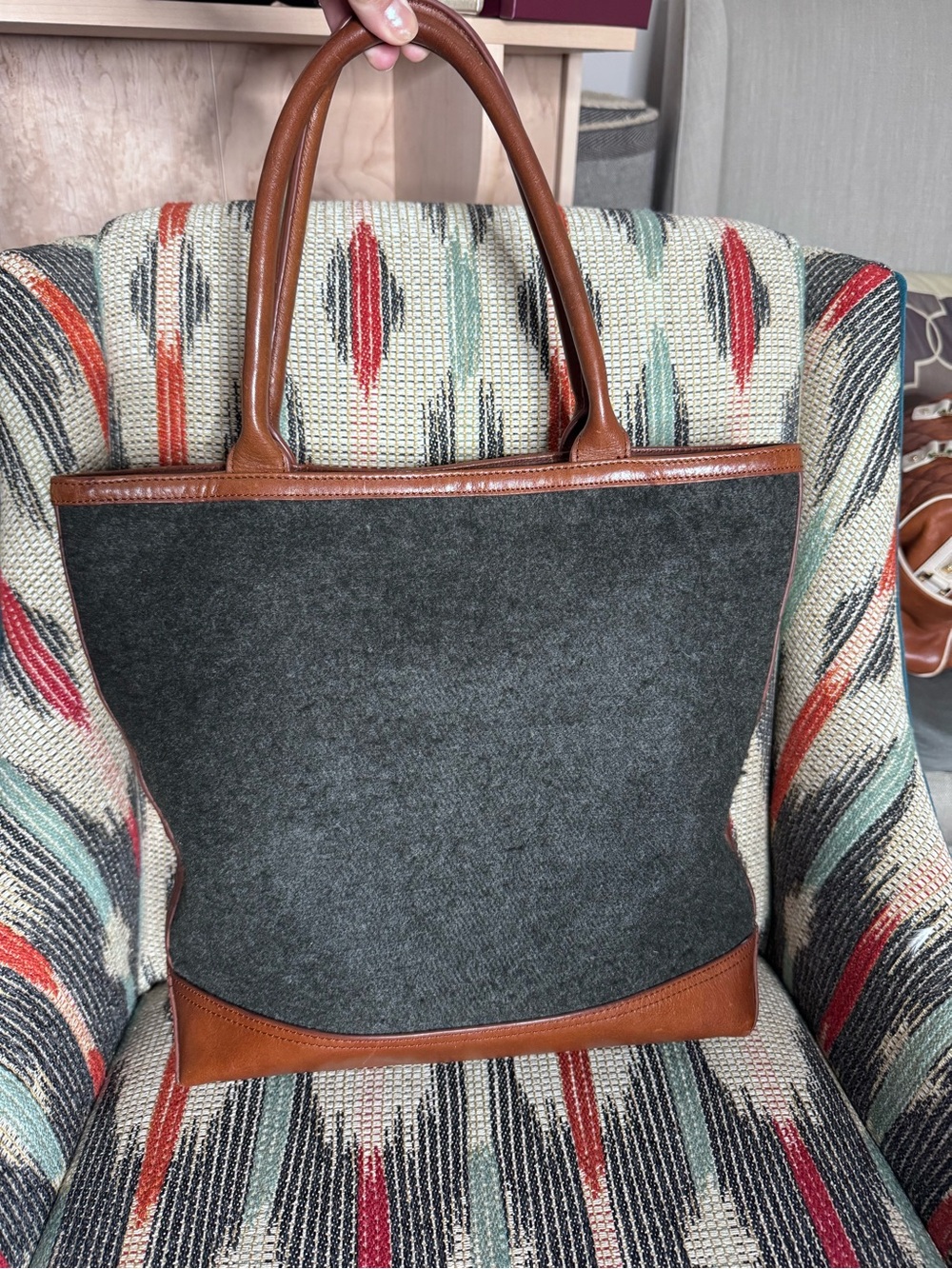 Tory Burch Wool & Leather Tote Bag in Charcoal/Cognac - Picture 3 of 6